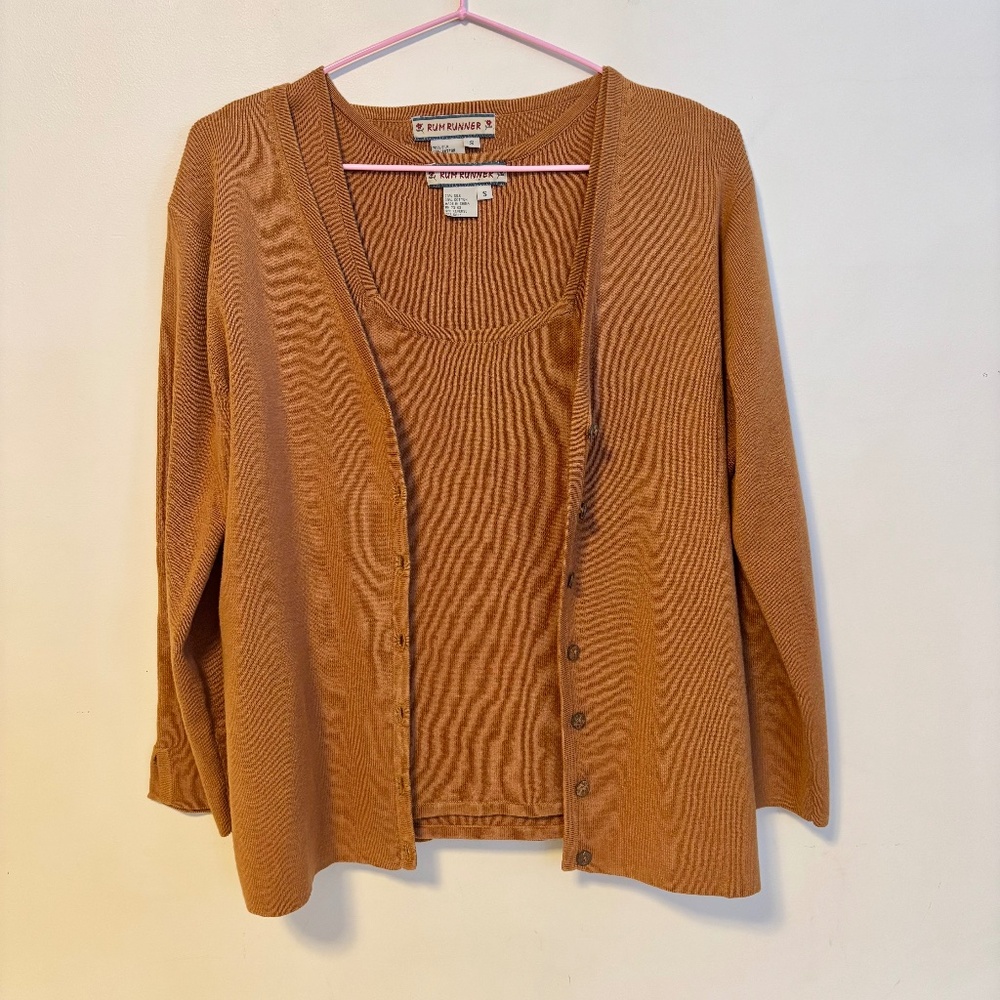 Rum Runner Silk Cotton Two Piece Sweater Set Sleeveless Tank Camel Tan Small